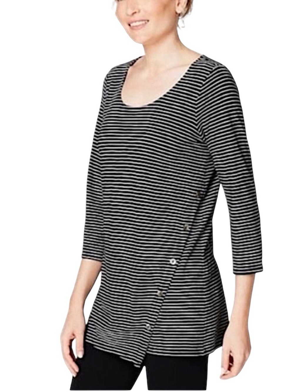 J. Jill Pure Jill Asymmetric Button Tunic Black White Stripes Cotton Modal M